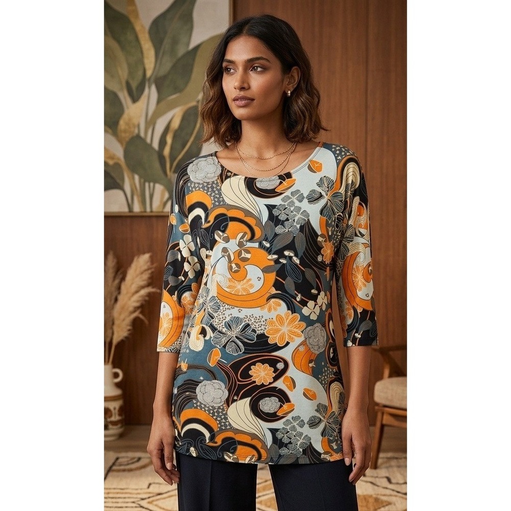 Salaam Floral Tunic 3/4 Sleeve Top Women's Large Stretch Vacation Colorful USA